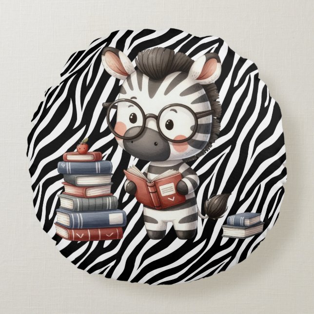 Zebra Reading Books. Round Cushion (Front)