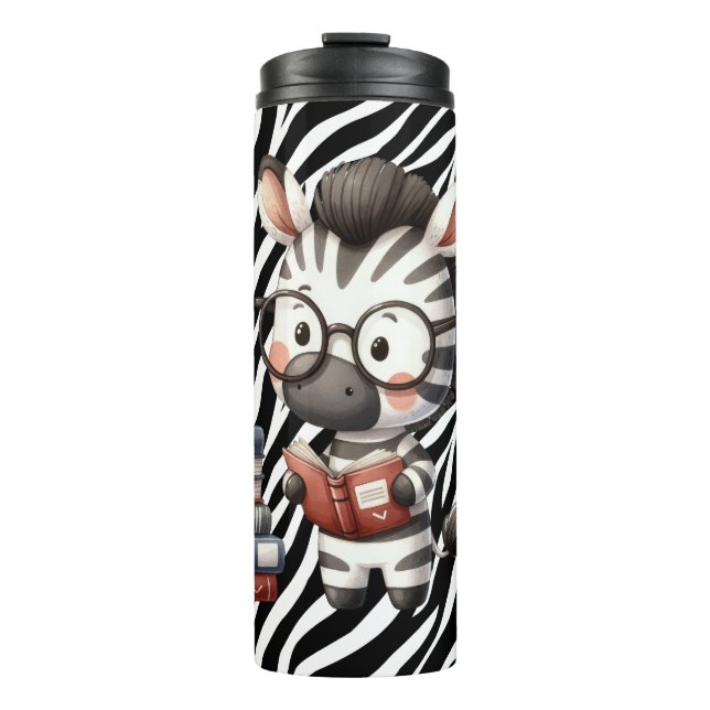 Zebra Reading Books. Thermal Tumbler (Front)