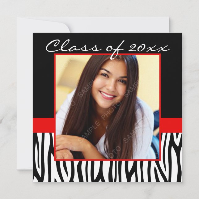 Zebra Red Black Photo Graduation Invitation (Front)