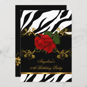 Zebra Red Roses Black White Gold Birthday Party Invitation