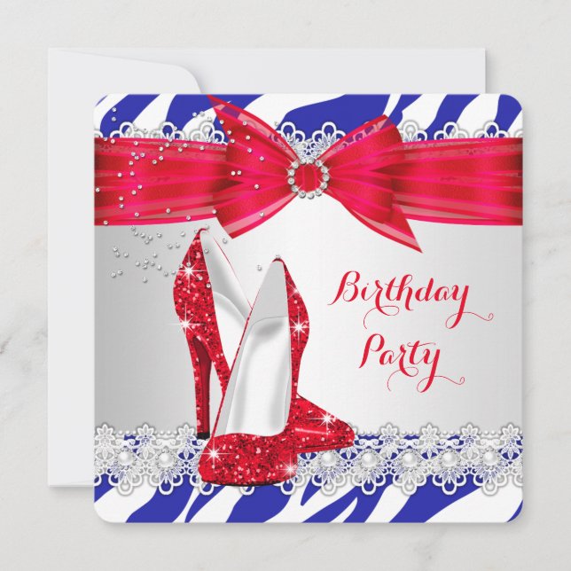 Zebra Red White Blue Heel Lace Pearl Birthday Invitation (Front)