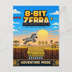 Zebra, Retro 8-Bit Pixel Art Postcard
