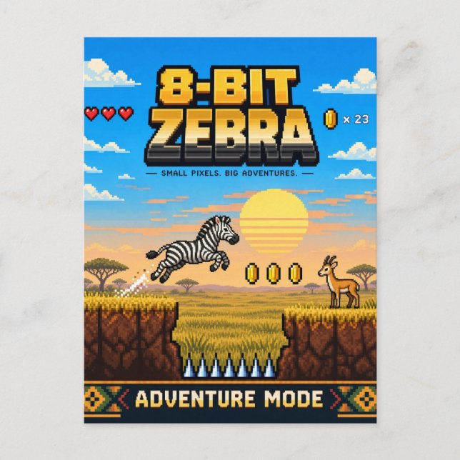 Zebra, Retro 8-Bit Pixel Art Postcard (Front)