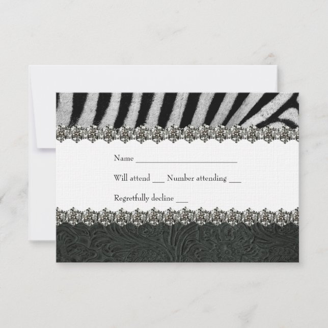 Zebra Rhinestone Black Leather RSVP Card (Front)