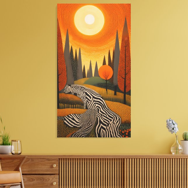 Zebra River: Dot Art Sunset in the Wild Canvas Print (Insitu(LivingRoom))