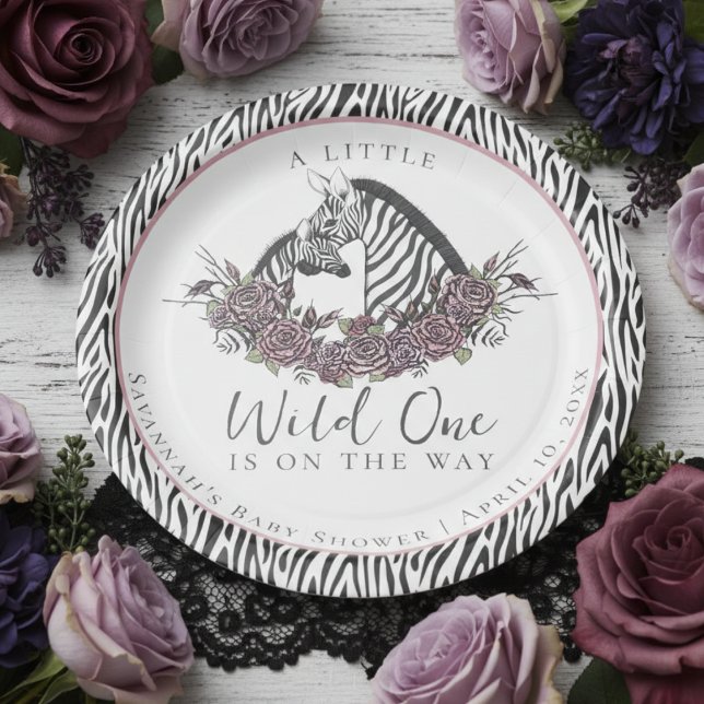 Zebra Safari Baby Shower Little Wild One Party Paper Plate (A Little Wild One Is On The Way Zebra Baby Shower Paper Plates for Mother to Be. Gothic Pink Roses)