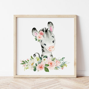 Zebra, Safari, Jungle, Pink Flowers, Girl Nursery Photo Print