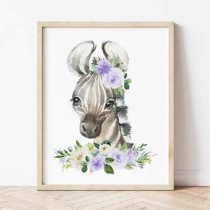Zebra, Safari, Purple Flowers, Gender Neutral Poster