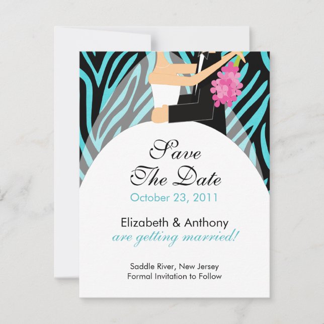 Zebra Save The Date Announcement Turquoise (Front)