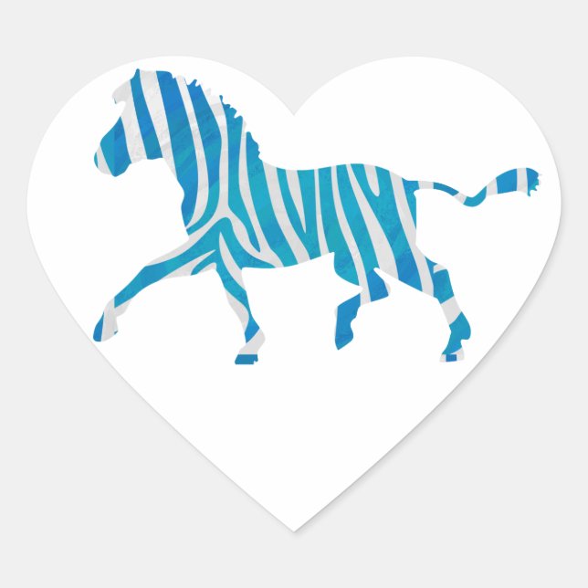 Zebra Silhouette Blue and White Heart Sticker (Front)