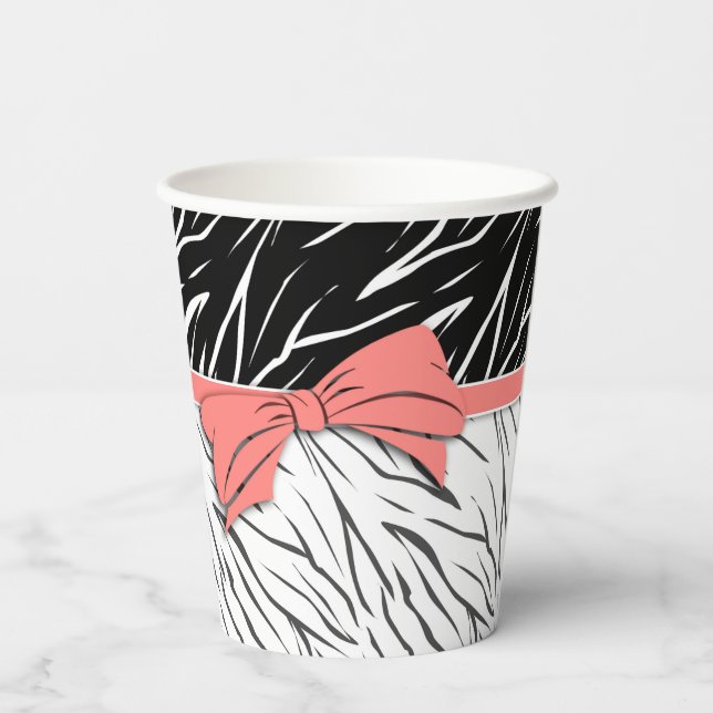 Zebra skin black white tiger leather stripes pink  paper cups (Back)