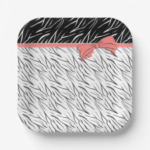 Zebra skin black white tiger leather stripes pink paper plate