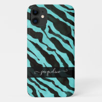 Zebra Skin Pattern Aqua Blue Black Chic Name