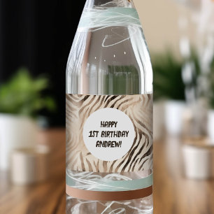 Zebra skin pattern, Jungle safari Boy 1st birthday Water Bottle Label