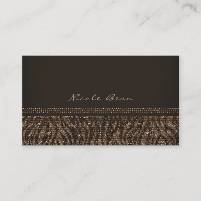 Zebra Sparkle Brown Gold Glam Chic Elegant Bling Business Card (Front)