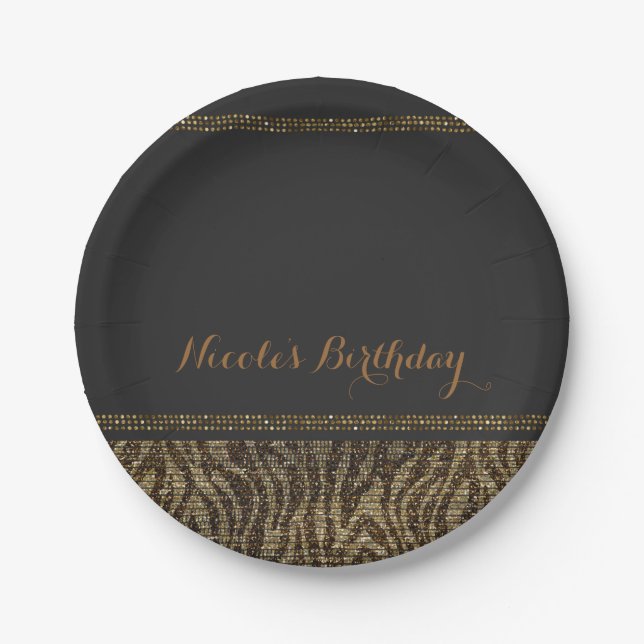 Zebra Sparkle Sequins Glam Chic Modern Party Paper Plate (Front)