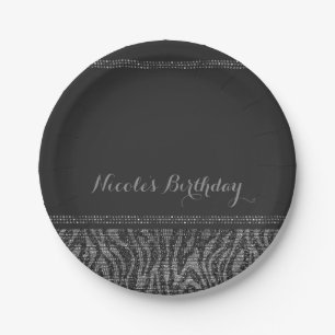 Zebra Sparkle Silver Black Glam Chic Elegant Party Paper Plate
