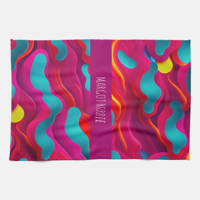 Zebra Strides waves Pink Navy Rainbow Pattern Tea Towel (Horizontal)