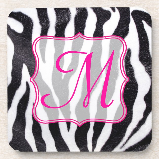 Zebra Stripe Animal Print Monogram Drink Coaster (Front)