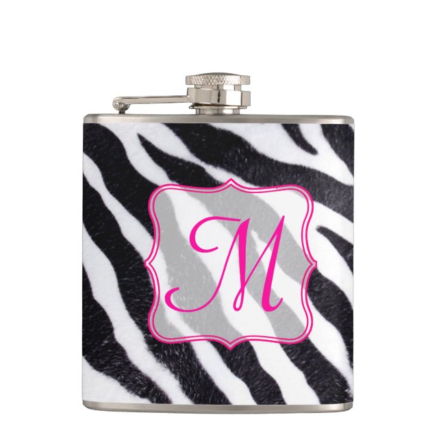 Zebra Stripe Animal Print Monogram Whiskey Flask (Front)
