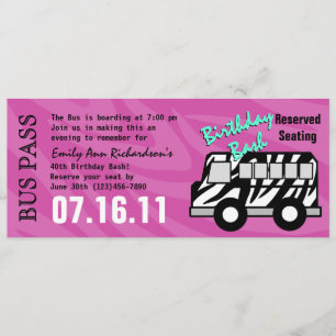 Zebra Stripe Bus Pass Birthday Party Invitation