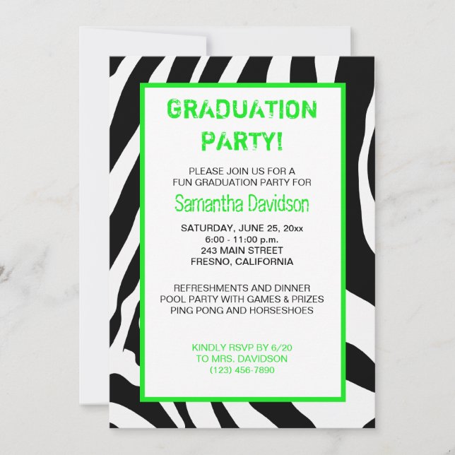 Zebra Stripe Graduation Party Invitation Green (Front)