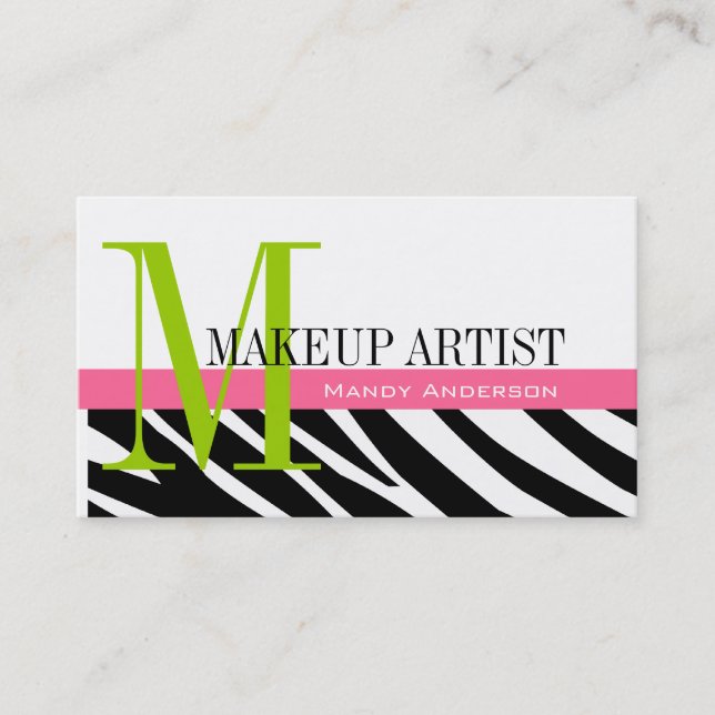 Zebra Stripe Pattern Monogram Make Up Artist Business Card (Front)