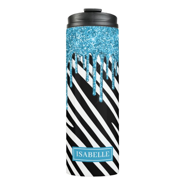 Zebra Stripe Pattern with Blue Glitter Drip Thermal Tumbler (Front)