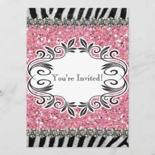 Zebra Stripe Pink Glitter Girl Birthday Invitation