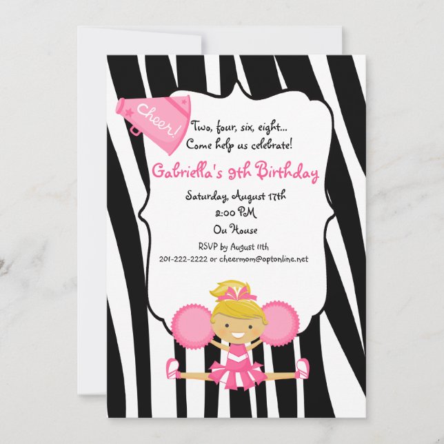 Zebra Striped Pink Cheerleader Birthday Invite (Front)