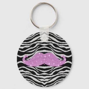 Zebra Stripes And Pink Bling Moustache Key Ring