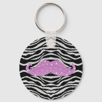 Zebra Stripes And Pink Bling Moustache Key Ring