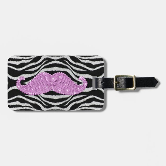 Zebra Stripes And Pink Bling Moustache Luggage Tag (Front Horizontal)
