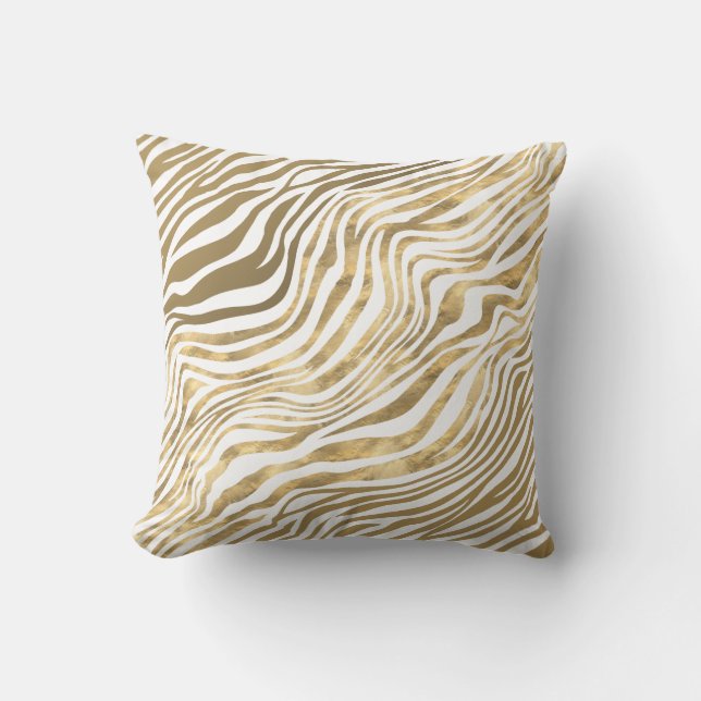 Zebra stripes animal print rich gold white art cushion (Front)