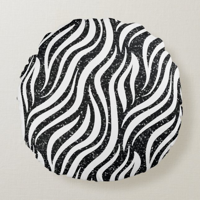 Zebra Stripes Black Glitter Wild Animals Print Round Cushion (Front)
