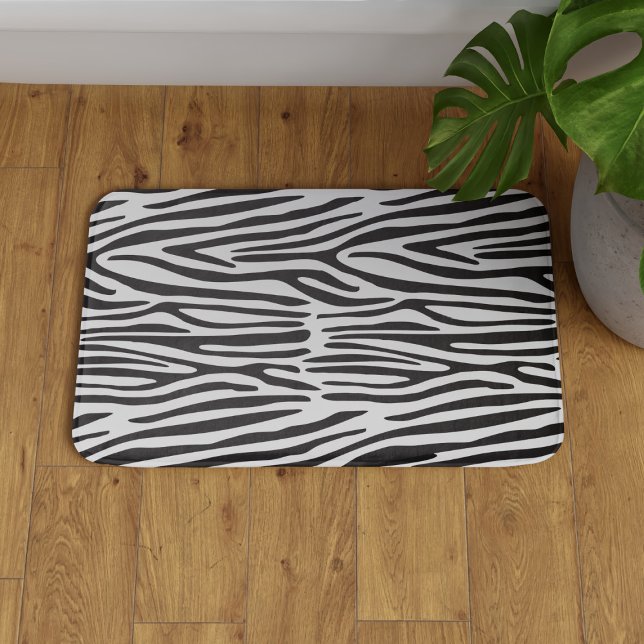 Zebra Stripes Black White Animal Print Bath Mat (Add some wild safari vibes to your bathroom floor with a sleek black and white zebra bath mat )
