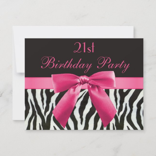 Zebra Stripes & Hot Pink Printed Bow 21st Birthday Invitation (Front)