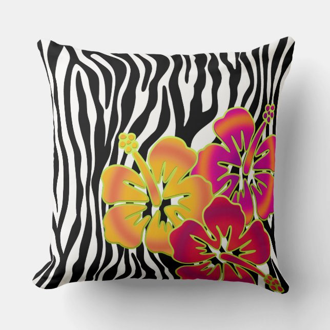 Zebra Stripes pattern + hibiscus flowers Cushion (Front)