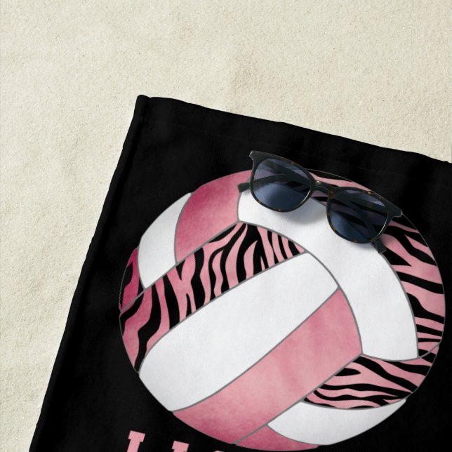 zebra stripes pink girly personalised volleyball beach towel (In Situ)