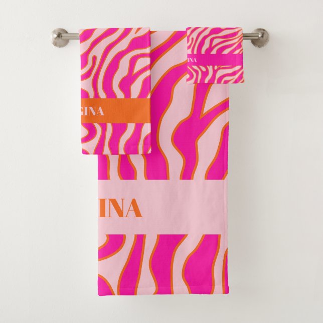 Zebra Stripes Pink Orange Wild Animal Print - Name Bath Towel Set (Insitu)