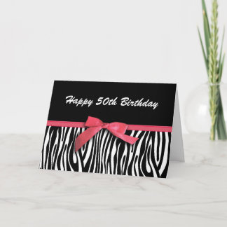 Zebra stripes red ribbon-look happy 50th birthday card