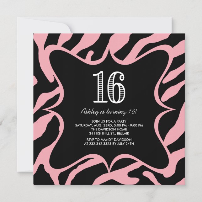 Zebra Sweet 16 Invitations (Front)