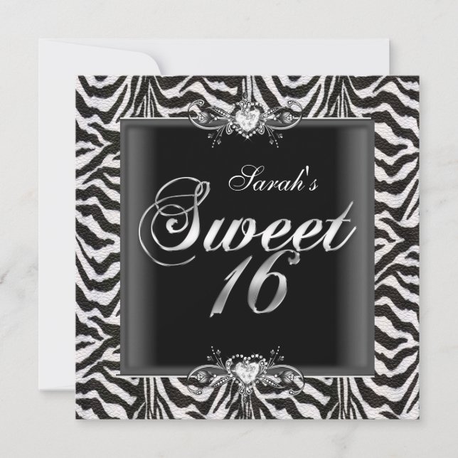 Zebra Sweet Sixteen 16 Birthday Black White Invitation (Front)