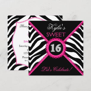 Zebra Sweet Sixteen Pink Lace Bling Invitation