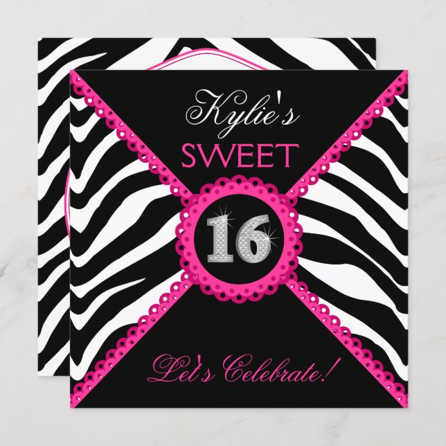 Zebra Sweet Sixteen Pink Lace Bling Invitation (Front/Back)