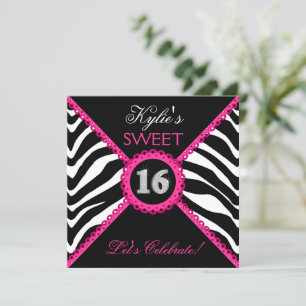 Zebra Sweet Sixteen Pink Lace Bling Invitation