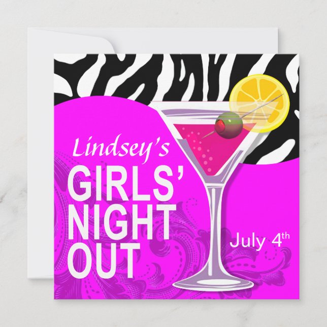 Zebra Swoop Girls' Night Out Cocktail Party Invitation (Front)