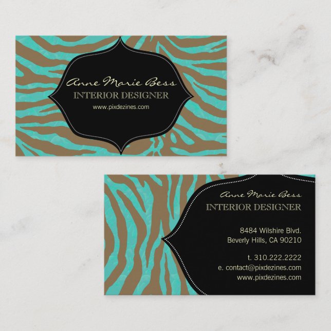 Zebra + turquoise Damask Business Card (Front/Back)