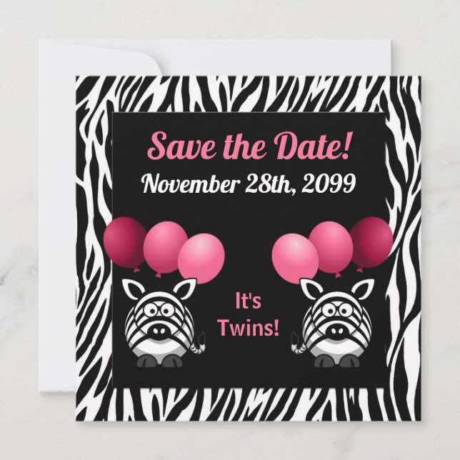 Zebra Twin Girls Baby Shower Save the Date (Front)