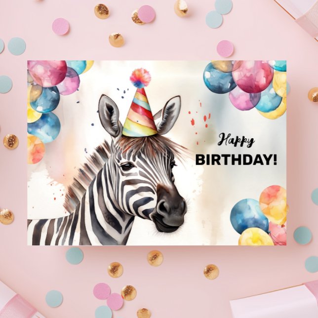 Zebra with Balloons and Party Hat Happy Birthday Card (Creator Uploaded)